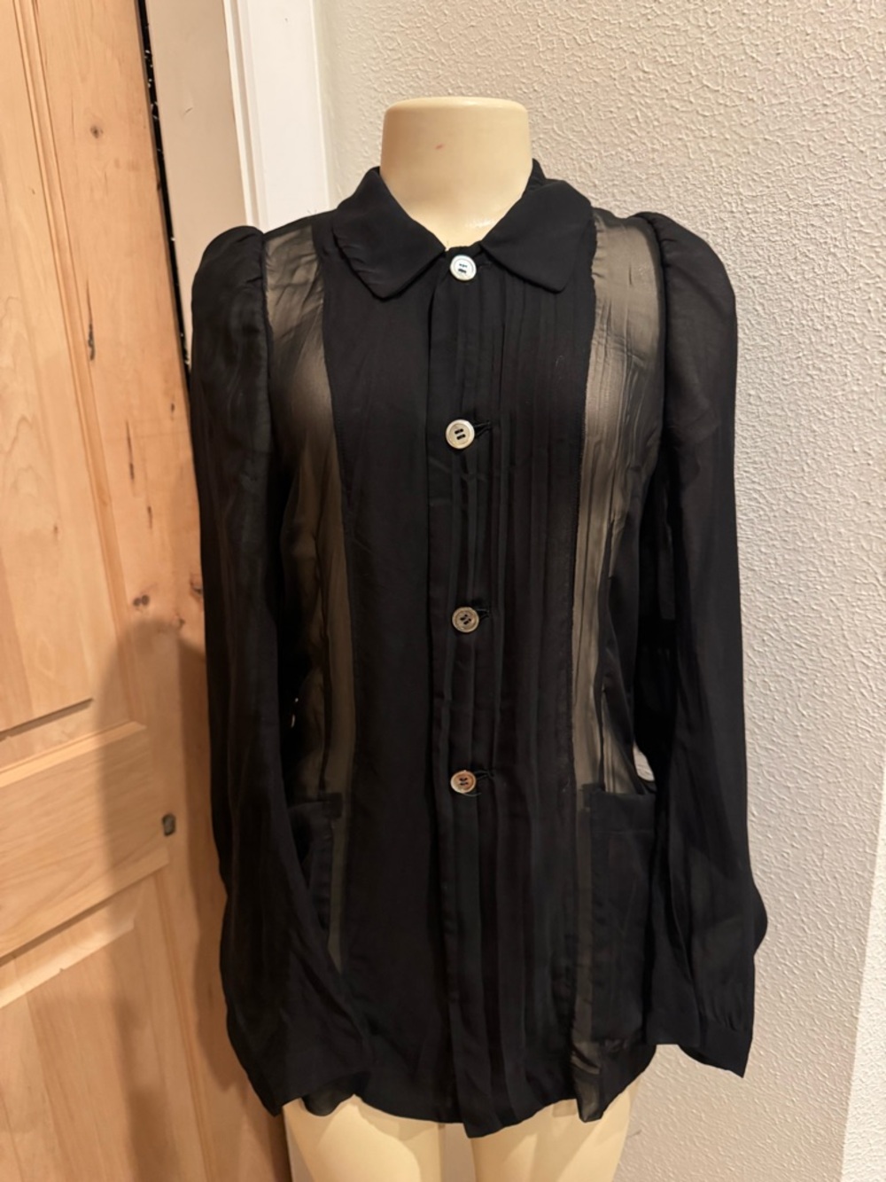 Comme des Garcons Black Sheer Panel Silk Button-Front Blouse / Jacket Sz Small